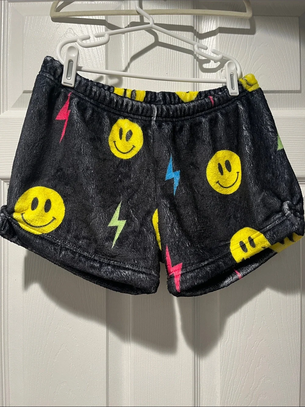 NWOT Girls' Black Plush Smiley Face Pajama Shorts with Neon Lightning
